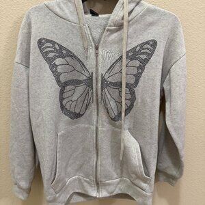 Butterfly print embellished zipper hoodie